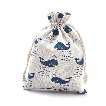 Polycotton(Polyester Cotton) Packing Pouches Drawstring Bags, with Printed Whale Shape, Steel Blue, 18x13cm