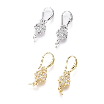 Brass Micro Pave Cubic Zirconia Earring Hooks, Ear Wire, For Half-drilled Bead, Clear, Flower, Mixed Color, 32mm, Pin: 1mm