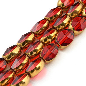 Electroplate Transparent Glass Beads Strands, with Golden Plated Edge, Faceted Oval, FireBrick, 8~9x6.5x5mm, Hole: 1.2mm, about 37pcs/strand, 23.78 inch(60.4cm)