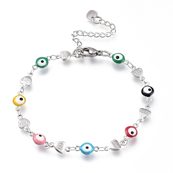 304 Stainless Steel Link Bracelets, with Enamel and Lobster Claw Clasps, Evil Eye & Heart with Word Love, Colorful, Stainless Steel Color, 7-1/2 inch(19cm)