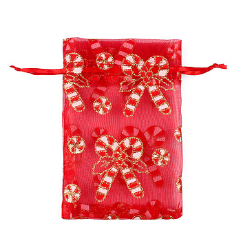 Christmas Theme Rectangle Printed Organza Drawstring Bags, with Glitter Powder, Red, Candy Cane, Christmas Themed Pattern, 15x10cm