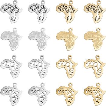 Unicraftale 16Pcs 8 Style Ion Plating(IP) 304 Stainless Steel Pendants, Manual Polishing, Map of Africa, Mixed Color, 14x16x1mm, Hole: 1.6mm, 2pcs/style