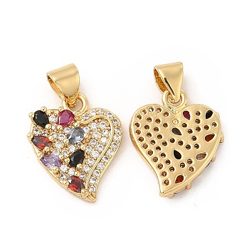 Brass Micro Pave Cubic Zirconia Pendants, Heart Charm, Golden, Colorful, 16.5x13.5x3mm, Hole: 4.5x3mm
