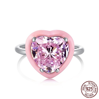 Rhodium Plated 925 Sterling Silver Finger Rings, Birthstone Ring, Real Platinum Plated, with Enamel & Cubic Zirconia for Women, Heart, Pink, 1.9mm, US Size 7(17.3mm)