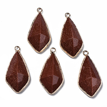 Synthetic Goldstone Charms, with Golden Plated Brass Edge and Loop, Faceted, Rhombus, 35x17.5x8.5mm, Hole: 2mm