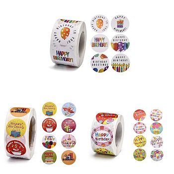 3 Roll 3 Style Self Adhesive Paper Stickers, for Birthday Party, Decorative Presents, Flat Round with Word Happy Birthday, Mixed Color, 25~38mm, 500pcs/roll, 1 roll/style