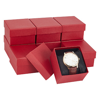 Square Paper Watch Storage Boxes, with Pillow, Jewelry Gift Box for Waist Watch Storage, Indian Red, 8.6x8x5.2cm