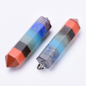 Mixed Stone Pointed Pendants, with Platinum Tone Alloy Finding, Bullet, 44x11x10mm, Hole: 5x2.5mm
