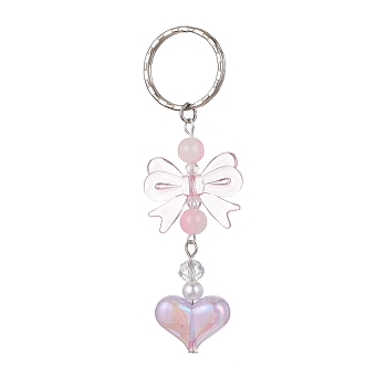 Acrylic Heart with Bowknot Keychains, with Glass Beads and Iron Keychain Clasp, Pink, 9.4cm