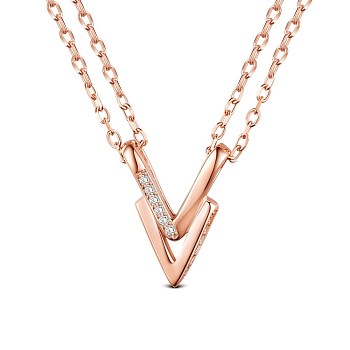 SHEGRACE Wonderful 925 Sterling Silver Necklaces, with AAA Cubic Zircon Paved V Pendant, Rose Gold, 15.7 inch(40cm)