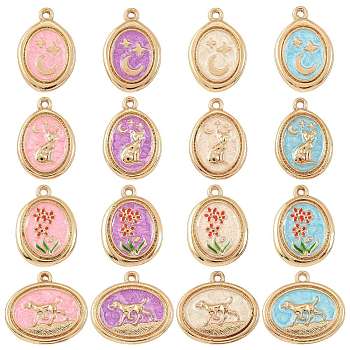 32Pcs 16 Styles Alloy Enamel Pendants, Oval Charms, Golden, Mixed Shapes, 20~23x15.5~22x2~2.5mm, Hole: 1.6mm, 2pcs/style