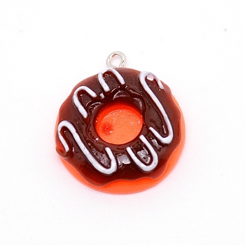 Resin Pendants, with Platinum Plated Iron Loops, Imitation Food, Doughnut, Coconut Brown, 29x24.5x8mm, Hole: 2mm