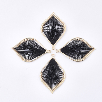 Polyester Thread Woven Big Pendants, with Glass and Golden Plated Alloy Findings, Long-Lasting Plated, Leaf, Black, 55.5x34x4mm, Hole: 2mm