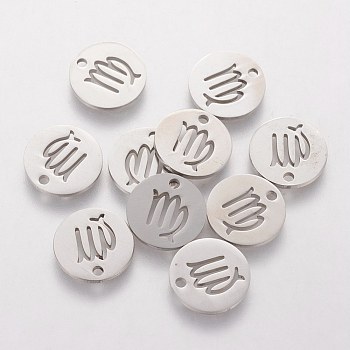 304 Stainless Steel Charms, Flat Round with Constellation/Zodiac Sign, Virgo, 12x1mm, Hole: 1.5mm