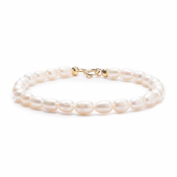 Grade A Natural Pearl Beaded Bracelets with Brass Spring Ring Clasps for Women, White, 7-7/8 inch(20cm)