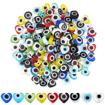 SUPERFINDINGS 180Pcs 9 Colors Handmade Evil Eye Lampwork Beads Strands, Heart, Mixed Color, 5x6x2mm, Hole: 1mm, 20pcs/color