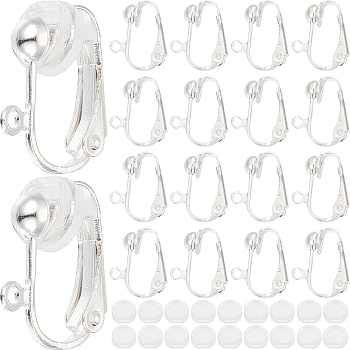 36Pcs Brass Clip-on Earring Findings, with Loops & 36Pcs Comfort Plastic Pads, Silver, 17x14x7mm, Hole: 1mm