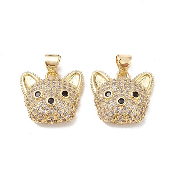 Brass Micro Pave Cubic Zirconia Pendants, Real 16K Gold Plated, Dog Charms, Clear, 16x17x6.5mm, Hole: 5x3mm