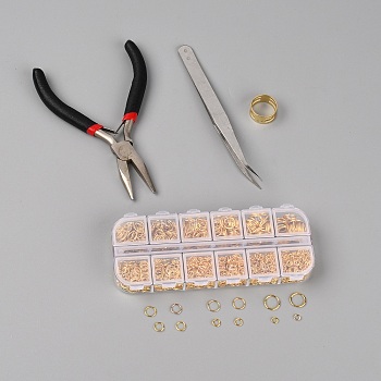 DIY Jewelry Making Accessories Set, Including Pliers, Tweezers, Easy Jump Ring Opener, Iron Open Jump Ring, Golden, 129x53x15.5mm