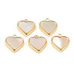 Natural White Shell Mother of Pearl Shell Charms, with Golden Brass Findings, Heart, Seashell Color, 12x10x2.5mm, Hole: 1.2mm(SHEL-T017-23G)
