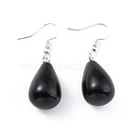 Natural Black Onyx Dangle Earrings, with Brass Earring Hooks, Drop, Platinum, 43x13~15mm, Pin: 0.5mm(EJEW-P143-C10)