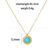 Synthetic Turquoise Flat Round Pendant Necklacas, Golden Tone Stainless Steel Cable Chain Pendant Necklaces for Women, 17.72 inch(45cm)(PD8848-2)