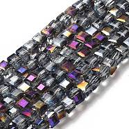 Electroplate Glass Beads Strands, Half Plated, Faceted Cube, Purple, 4x4x4mm, Hole: 1mm, about 100pcs/strand, 16.9 inch(X-EGLA-D018-4x4mm-18)