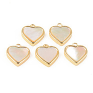 Natural White Shell Mother of Pearl Shell Charms, with Golden Brass Findings, Heart, Seashell Color, 12x10x2.5mm, Hole: 1.2mm(SHEL-T017-23G)