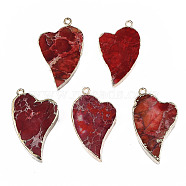 Electroplate Natural Regalite/Imperial Jasper/Sea Sediment Jasper Pendants, Dyed, with Iron Findings, Heart, Golden, 42~44x25~27x6~8mm, Hole: 2mm(G-T111-05)