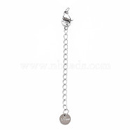 304 Stainless Steel Chain Extender, Cadmium Free & Nickel Free & Lead Free, with Clasps and Tiny Flat Round Charm, Stainless Steel Color, 50mm, Hole: 2.5mm(STAS-N088-42P)