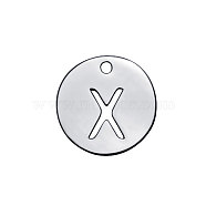 201 Stainless Steel Charms, Flat Round with Letter, Stainless Steel Color, Letter.X, 12x1mm, Hole: 1.5mm(STAS-Q201-T051-X)