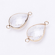 Glass Links connectors, with Brass Findings, Faceted, teardrop, Light Gold, Clear, 25.5x14x6mm, Hole: 2.5mm(KK-E712-D03)