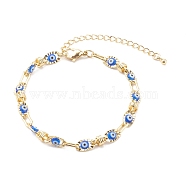 Golden Plated Brass Link Chains Bracelets, with Evil Eye Glass Beads, Dodger Blue, 7-1/8 inch(18cm)(BJEW-JB06060)