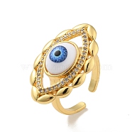 Cubic Zirconia Horse Eye Open Cuff Ring with Acrylic, Real 18K Gold Plated Brass Jewelry for Women, Cadmium Free & Lead Free, Dodger Blue, US Size 6 3/4(17.1mm)(RJEW-B042-03G-03)