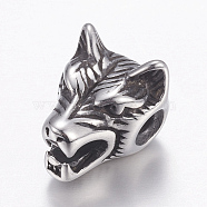 304 Stainless Steel Beads, Wolf Head, Antique Silver, 14x11x11mm, Hole: 2mm(STAS-E144-273AS)