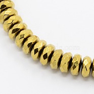Grade A Electroplate Non-magnetic Synthetic Hematite Beads Strands, Faceted, Rondelle, Golden Plated, 6x3mm, Hole: 1mm, about 136pcs/strand, 15.5 inch(G-N0014-6x3mm-02)