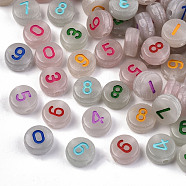 Luminous Acrylic Beads, Flat Round with Number, Mixed Color, 7x4mm, Hole: 1.5mm, about 3700pcs/500g(LACR-N001-001)