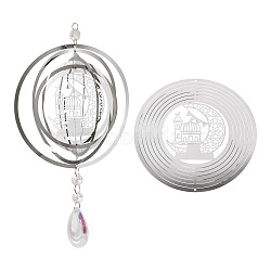 Ramadan & Eid Mubarak Theme 201 Stainless Steel Connector Charms/Links, Hollow Flat Round with Moon, Etched Metal Embellishments, Non-Tarnish, Stainless Steel Color, 150x0.3mm, Hole: 1mm(STAS-TA0005-95)