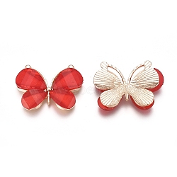 Light Gold Plated Alloy Glass Pendants, Butterfly, Red, 21.8x28x4.5mm, Hole: 1.5x10mm(PALLOY-CJC0001-33C)