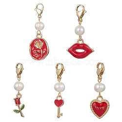 5Pcs Valentine's Day Alloy Enamel Pendant Decorations, Pearl Beads and 304 Stainless Steel Lobster Claw Clasps Charms, Heart/Rose/Lip/Key, Red, 35~43mm(HJEW-JM01245-01)