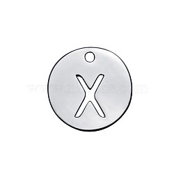 201 Stainless Steel Charms, Flat Round with Letter, Stainless Steel Color, Letter.X, 12x1mm, Hole: 1.5mm(STAS-Q201-T051-X)