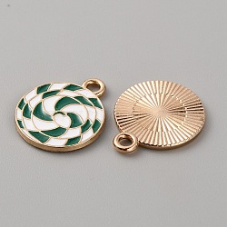 Christmas Themed Alloy Enamel Pendants, Golden, Flat Round with Vortex Pattern, Dark Green, 18x15x1.3mm, Hole: 1.6mm(ENAM-WH0058-017B)