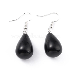 Natural Black Onyx Dangle Earrings, with Brass Earring Hooks, Drop, Platinum, 43x13~15mm, Pin: 0.5mm(EJEW-P143-C10)