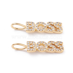 Brass Micro Pave Clear Cubic Zirconia Pendants, Long-Lasting Plated, Word Boss, Real 18K Gold Plated, 22.5x5x1.6mm, Hole: 3x4mm(ZIRC-L093-70G)