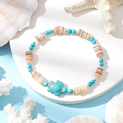 Natural Freshwater Shell Beaded Stretch Bracelets, Stackable Bracelets for Women, with Synthetic Turquoise Chip, Tortoise, Inner Diameter: 2-1/8 inch(5.5cm) tortoise: 17x13.5x6.5mm(BJEW-JB11804-01)