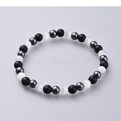 Cat Eye Stretch Bracelets, with Natural Black Agate(Dyed) Beads and Non-Magnetic Synthetic Hematite Beads, White, 2-1/4 inch(5.7cm)(BJEW-JB04591-01)