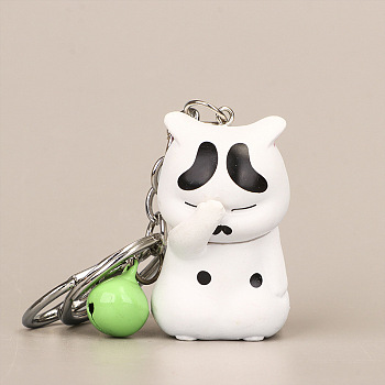 Cute Face Covering Cat Resin Pendant Keychain, with Random Color Bell Charms, Cartoon Doll for Bag Pendant Ornament, White, 11.5cm, pendant: 5x2.9x3.1cm
