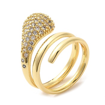 Brass Micro Pave Cubic Zirconia Wrap Cuff Rings, Teardrop, Real 18K Gold Plated, Inner Diameter: 18mm