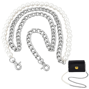 WADORN 1Pc Plastic Imitation Pearl Beaded Bag Handles, with Zinc Alloy Curb Chain & Swivel Clasp, for Crossboby/Shoulder Bag Strap Replacement, Platinum, 121cm