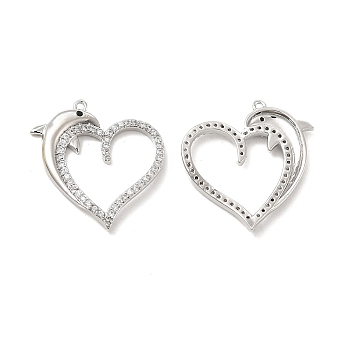Brass Micro Pave Cubic Zirconia Pendants, Heart with Dolphin Charm, Platinum, 20x22.5x2mm, Hole: 1mm